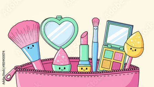 Charming makeup collection illustration with cute smiling faces and pastel colors in a pink bag