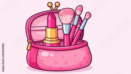 Charming illustration of a pink makeup bag containing essential beauty products