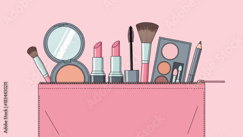 Charming illustration of a pink cosmetic bag filled with vibrant beauty essentials