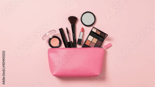 Aesthetic pink cosmetic bag overflowing with makeup essentials on a solid pink backdrop studio shot
