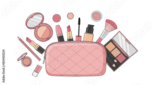 A charming pink makeup bag surrounded by assorted cosmetic products illustration