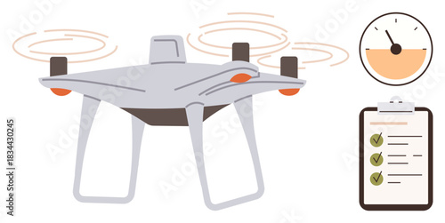 Flying quadcopter with spinning propellers, performance gauge highlighting efficient flight, and a checklist with green checks. Ideal for technology, surveillance, delivery, innovation, monitoring