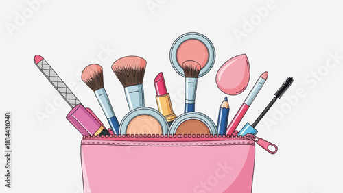 Elegant makeup essentials illustration showcasing beauty products in a pink cosmetic bag
