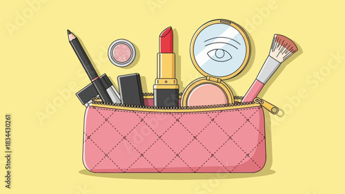 Cosmetic bag with makeup essentials featuring vibrant illustration with beauty products