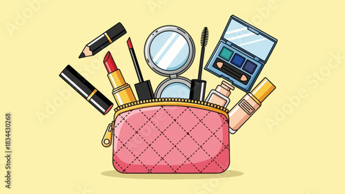 Stylized cosmetic bag illustration with various makeup products, flat design and pastel colors