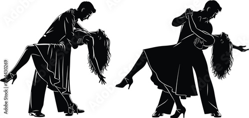 Passionate Silhouette of Dancing Couple, Man and Woman Performing Dramatic Ballroom Tango Dip, Romantic Latin American Dance Movement, Elegance, Love, Nightclub Performance,