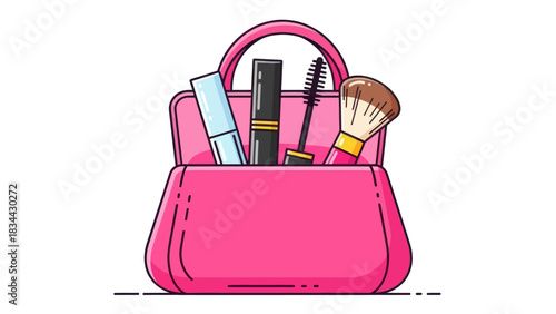 Pink cosmetic bag illustration brimming with diverse makeup products, simple design style