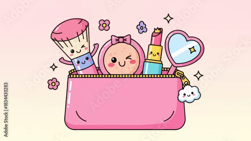Charming cartoon makeup bag with happy cosmetics creating a whimsical pink ambiance