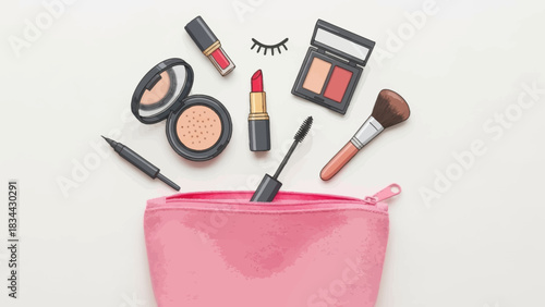 Cosmetic Bag Overflowing with Essentials: A Flat Lay Illustration of Beauty Products