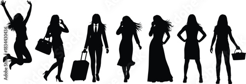 Professional business women silhouette collection, celebrating success, talking on phone, traveling with luggage, carrying shopping bags, standing confidently, expressing happiness, 