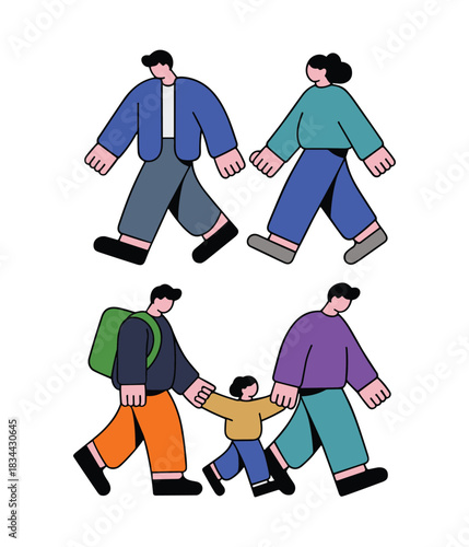 Two pairs of people walking one pair holding a childs hands family adult vector.