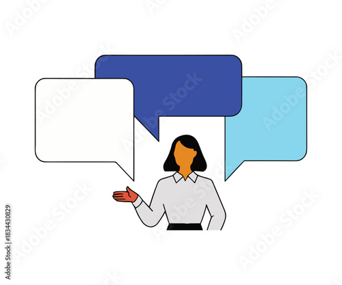 Woman with orange face black hair gesturing near three speech bubbles vector.