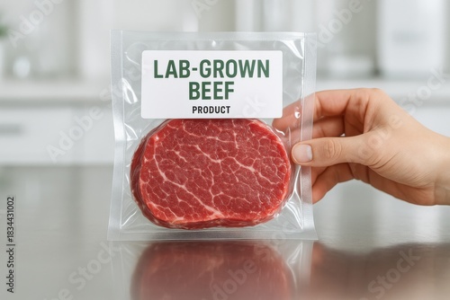 Hand holding a package of lab-grown beef, showcasing modern agricultural innovation, sustainability, and the future of food production.