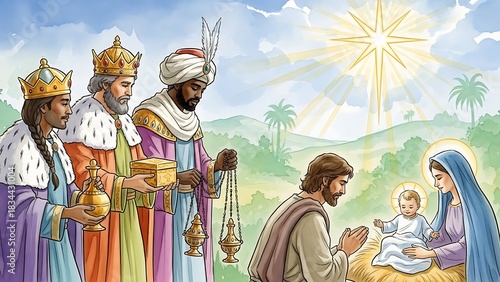Three wise men presenting gifts to baby Jesus and his parents, Mary and Joseph, under a bright star for Christmas and holiday season.