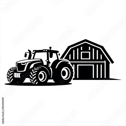 Farm tractor and barn silhouette illustration
