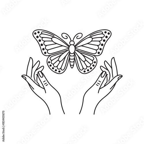 Outline Drawing of Magic Hands Releasing a Butterfly