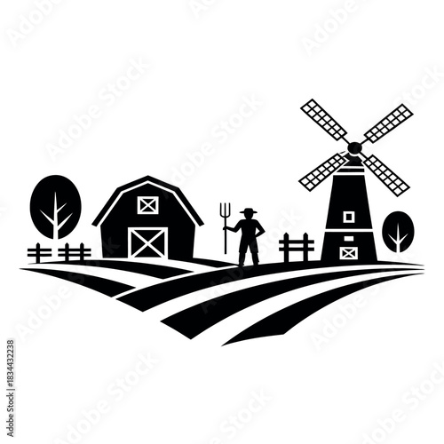 Rustic farm scene with barn and windmill silhouette