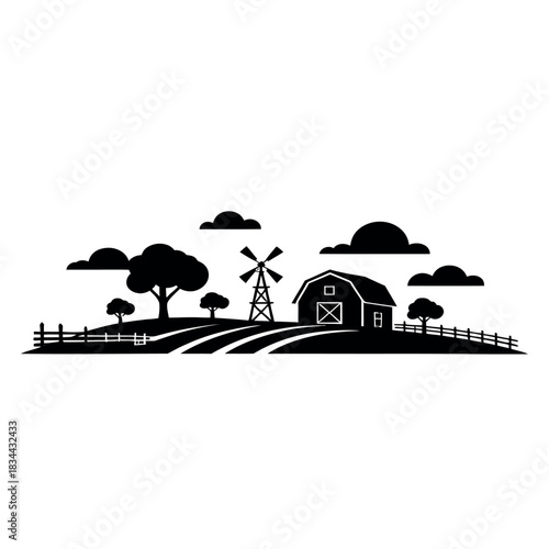 Rustic farm landscape silhouette with windmill and barn
