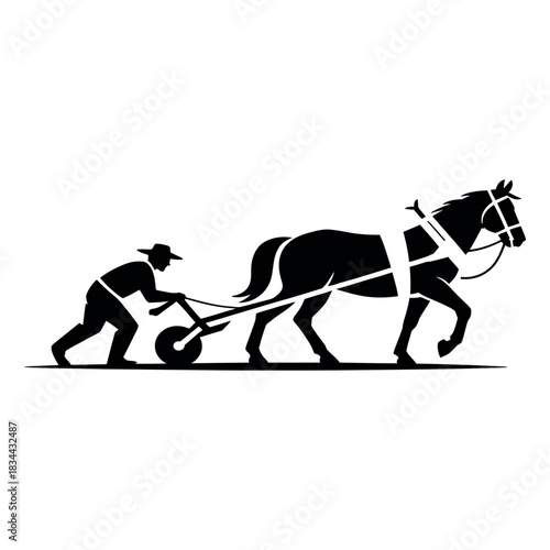 Farmer and horse plowing a field silhouette