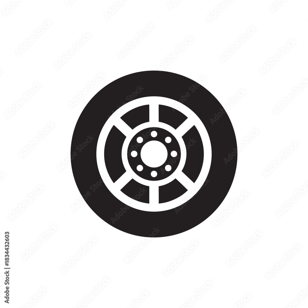 Fototapeta premium Black and white car wheel icon transport tire and rim symbol vector illustration