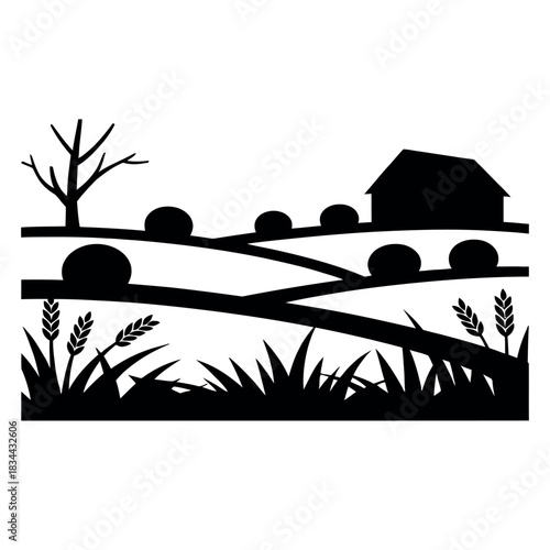 Rustic farm landscape silhouette with barn and hay bales