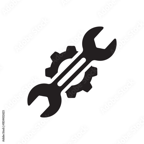 Black and white transport service icon with crossed wrench and gear for car repair and automotive maintenance