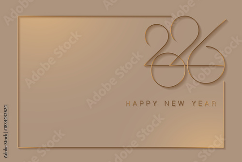 2026 New Year gold logo design. Holiday greeting card. Copy space. Vector design for greeting card, invitation, calendar, party, golden festive banner isolated on light beige background