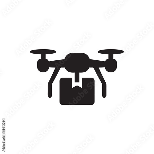 Drone delivery icon black and white vector illustration of quadcopter transport with parcel box