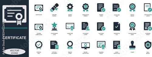 
Certificate icon set. Featuring diploma, badge, stamp, verified, achievement, training, and approval symbols. Perfect for UI, apps, e-learning, and documents.