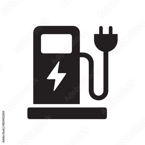 Electric vehicle charging station icon black and white vector illustration for eco transport and modern mobility