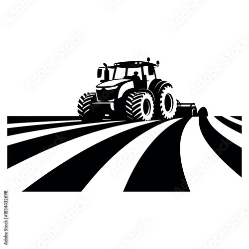 Tractor cultivating a field with distinctive furrows