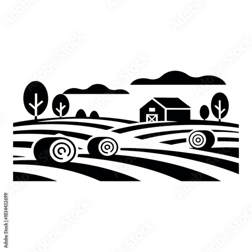 Stylized farm landscape with hay bales and barn