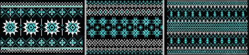 Three panels of black and white pixelated patterns with geometric shapes and floral elements repeated