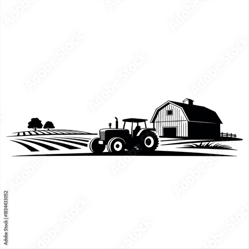 Rustic farm scene with tractor and barn