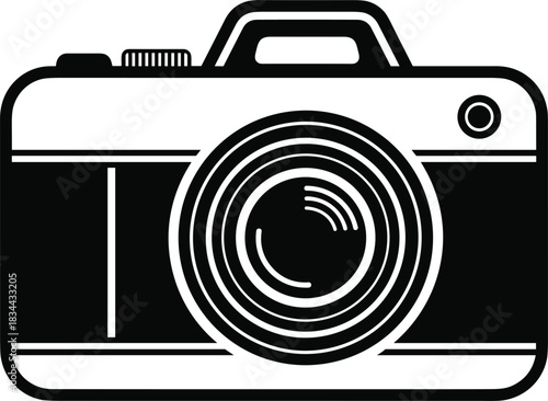 Vintage professional photography camera illustration, bold black and white line art vector graphic design icon, retro photographic equipment silhouette for media, digital, and creative projects.