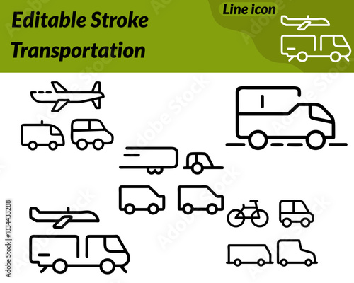 A modern transportation icon illustrated with smooth. Minimal line art depicting various travel modes such as cars buses trucks bikes. Designed for clarity versatility this icon represents mobility.