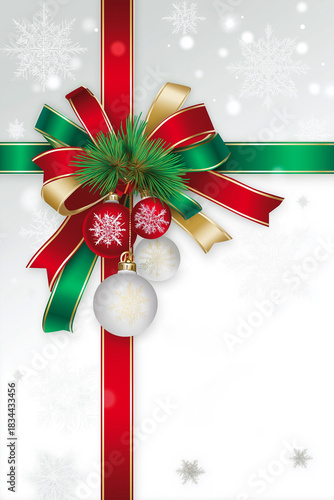 Festive gift box adorned with vibrant red and gold ribbons, featuring green ornaments and pine accents, set against a snowy background, perfect for holiday celebrations and seasonal greetings