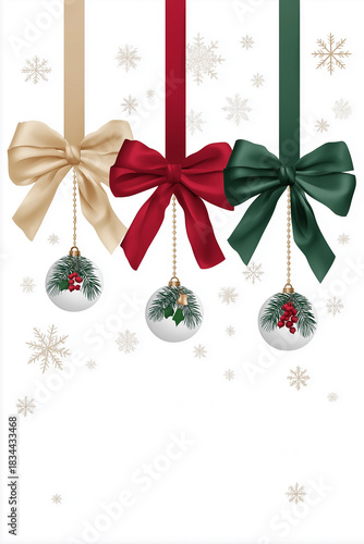 Festive gift box adorned with vibrant red and gold ribbons, featuring green ornaments and pine accents, set against a snowy background, perfect for holiday celebrations and seasonal greetings