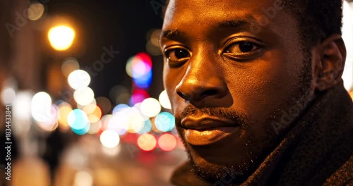 Pensive African American man gazes thoughtfully into the city night with captivating bokeh lights, conveying deep emotion and urban introspection