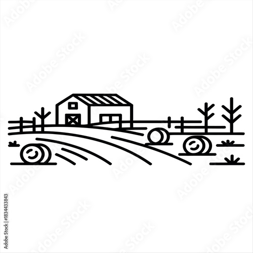 Minimalist farm scene with barn and hay bales