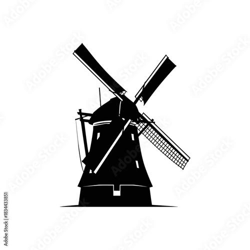 windmill vector illustration of a traditional dutch windmill with four blades rotating isolated on white background