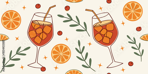 A vibrant illustration of a refreshing iced drink with orange slices and ice cubes, accompanied by green leaves and decorative stars on a light background
