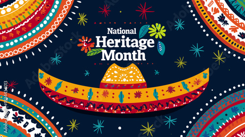 text "National Hispanic Heritage Month " in bold, on top of an illustrated sombrero and vibrant Mexican patterns background. Navy blue, yellow, orange, red, green, turquoise, purple. Colors that repre