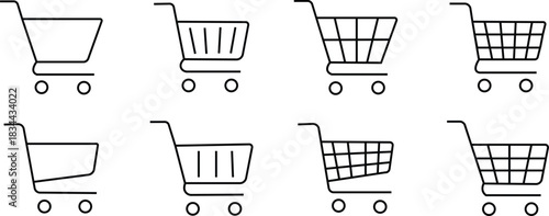 Shopping cart icon set collection group in black line style, retail trolley basket symbol pack with ecommerce market store shopping outline graphics, commercial purchase UI elements