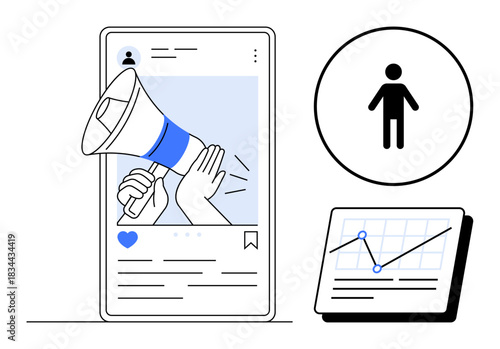 Hand holding a megaphone over a social media post, a person icon, and a line graph. Ideal for marketing, analytics, social media, audience targeting, growth strategy, branding communication