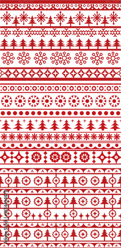 Red and white christmas pattern with trees snowflakes circles and geometric shapes in horizontal bands design