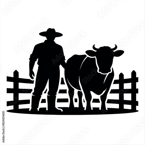 Farmer and cow silhouette with wooden fence