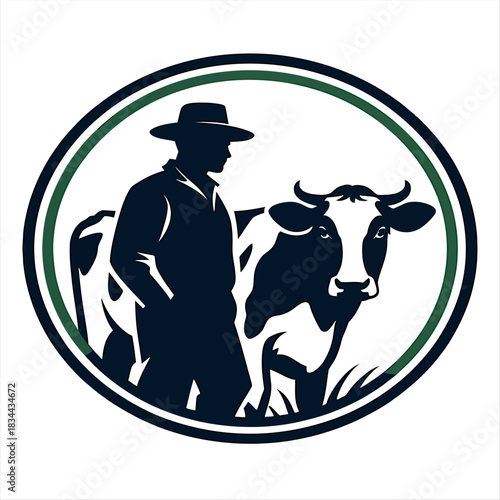 Farmer standing with cow inside circle emblem