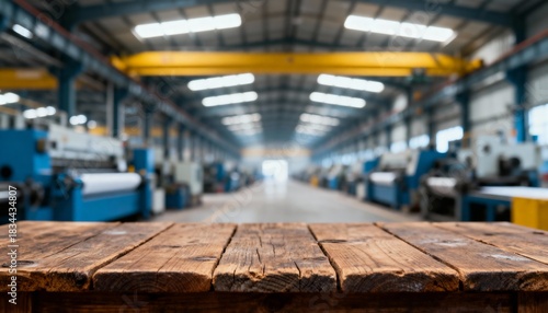 Wallpaper Mural Wooden table in front of blurred factory interior foreground wooden table, foreground, background, factory, industrial, manufacturing, machinery, production, workshop, warehouse, interior, blurred, ou Torontodigital.ca