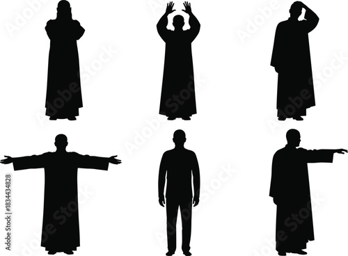 Religious or Clerical Figure Silhouette Set: Vector Collection of Men in Robes or Gowns with Various Gestures, Representing Leadership, Authority, and Spiritual Concepts.